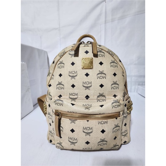 Authentic MCM Visetos Small Stark Leather Backpack Beige - Picture 1 of 16
